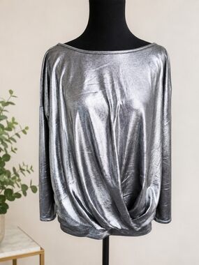 Wrapper Metallic Silver Ruched Blouse Top XL Sheer Back Stretch Party Glam